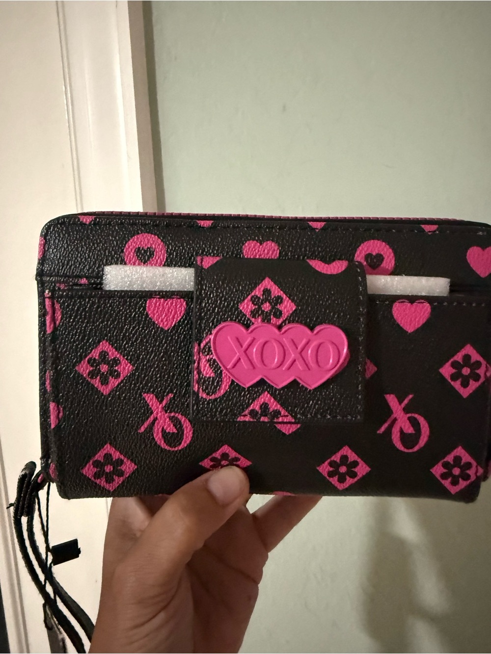 XOXO Black Wallet with Pink Heart & Logo Pattern